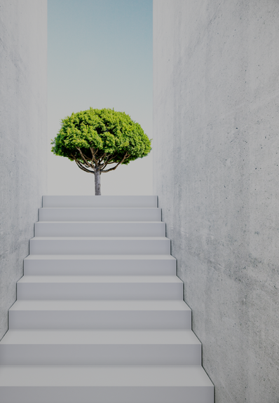 Treppe führt zum grünen Baum als Zeichen für Mach den ersten Schritt